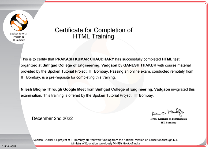 Certificate for Completion of HTML Training