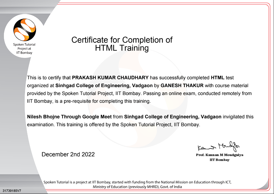 Certificate for Completion of Java Training