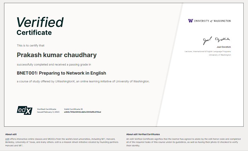 edX Verified Certificate for Preparing to Network in English